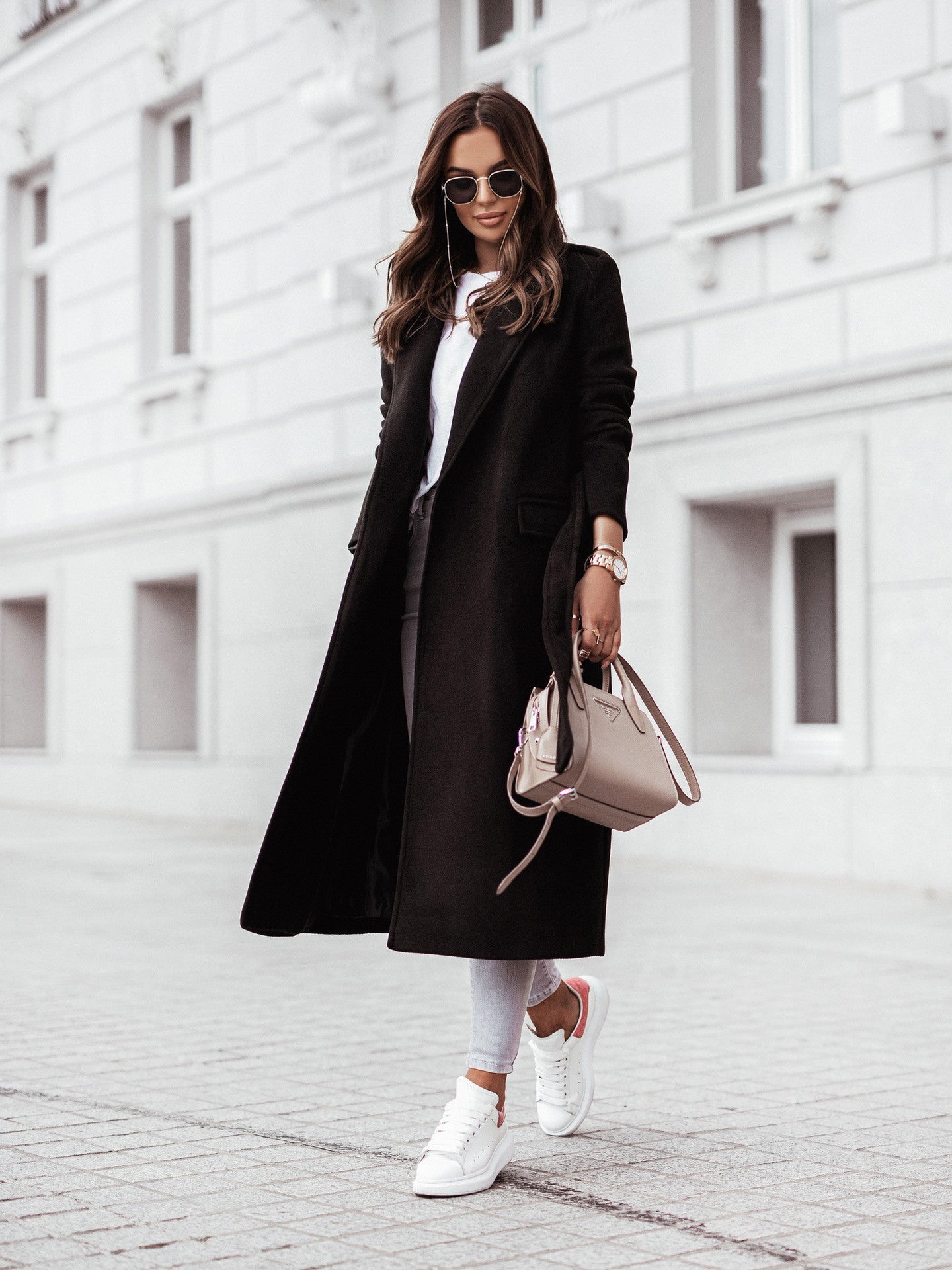 Simple Long Woolen Lace-Up Coat - Black Ice Styles