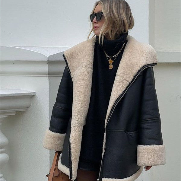 Oversized Cashmere Leather Fur Coat - Black Ice Styles