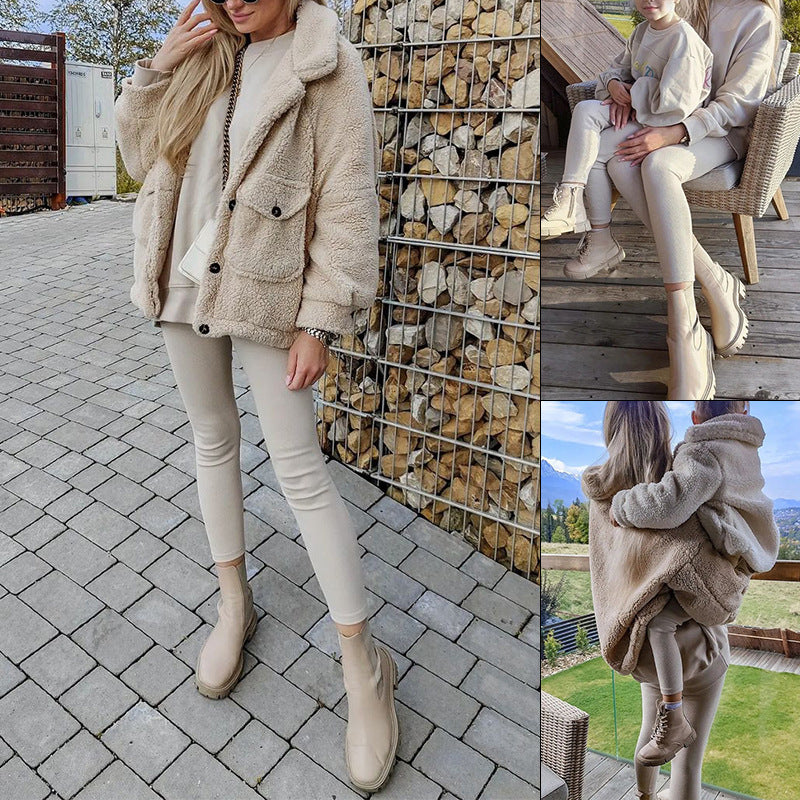 Khaki Warm Lapel Teddy Coat - Black Ice Styles