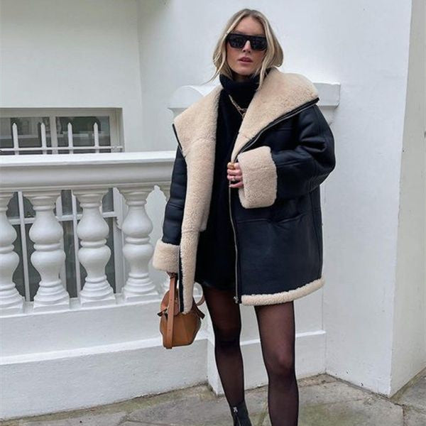 Oversized Cashmere Leather Fur Coat - Black Ice Styles