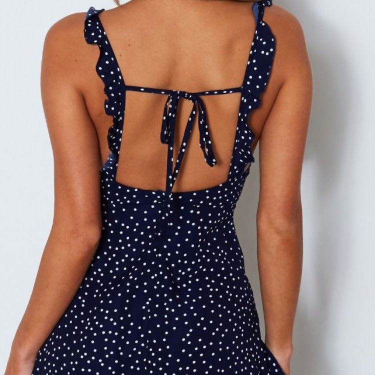 Polka-dot Strappy Dress Women Summer Fashion Beach Sundress - Black Ice Styles